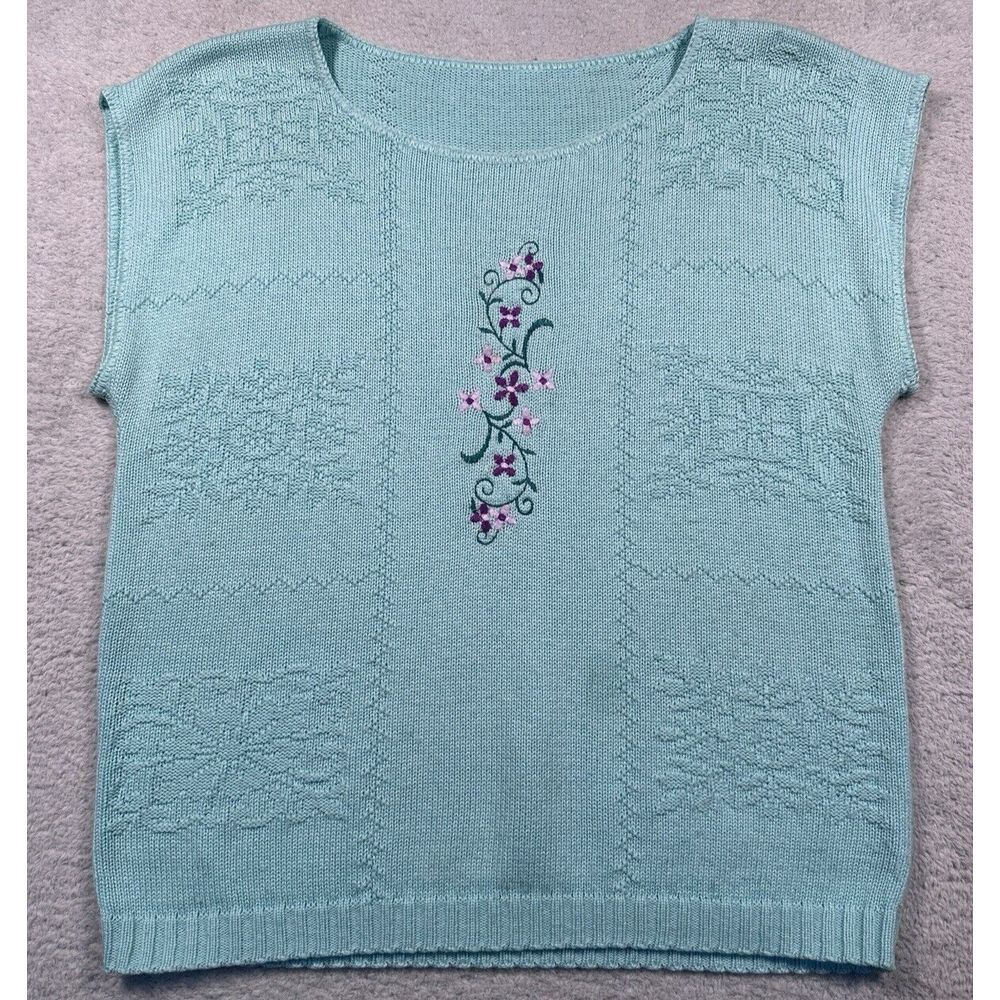Vintage 90s Knit Sweater Vest XL Blue Floral Embroidered Cottagecore Made in USA